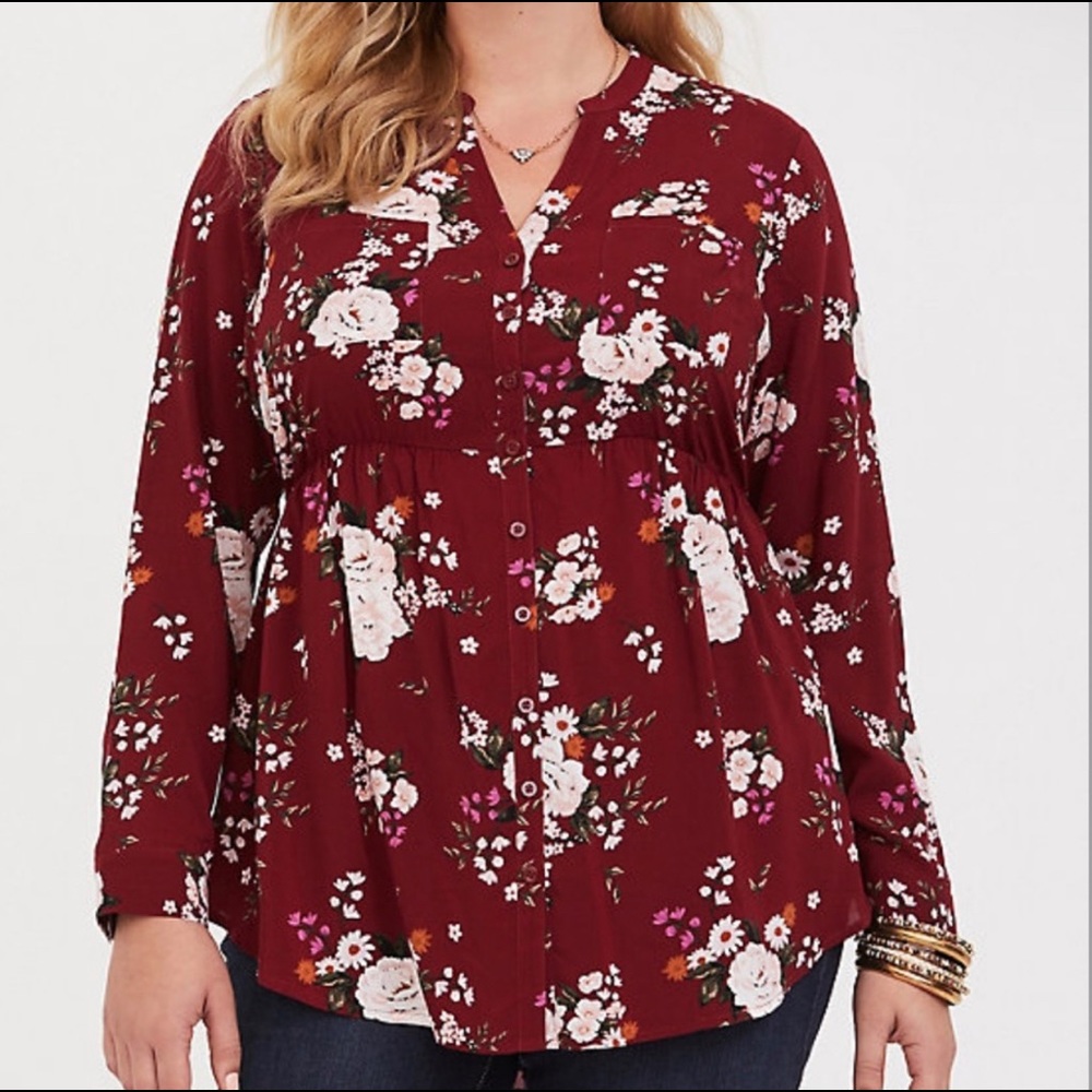 Torrid| Womens Blouse| Torrid Empire Waist Long Sleeve Floral Button Front Top